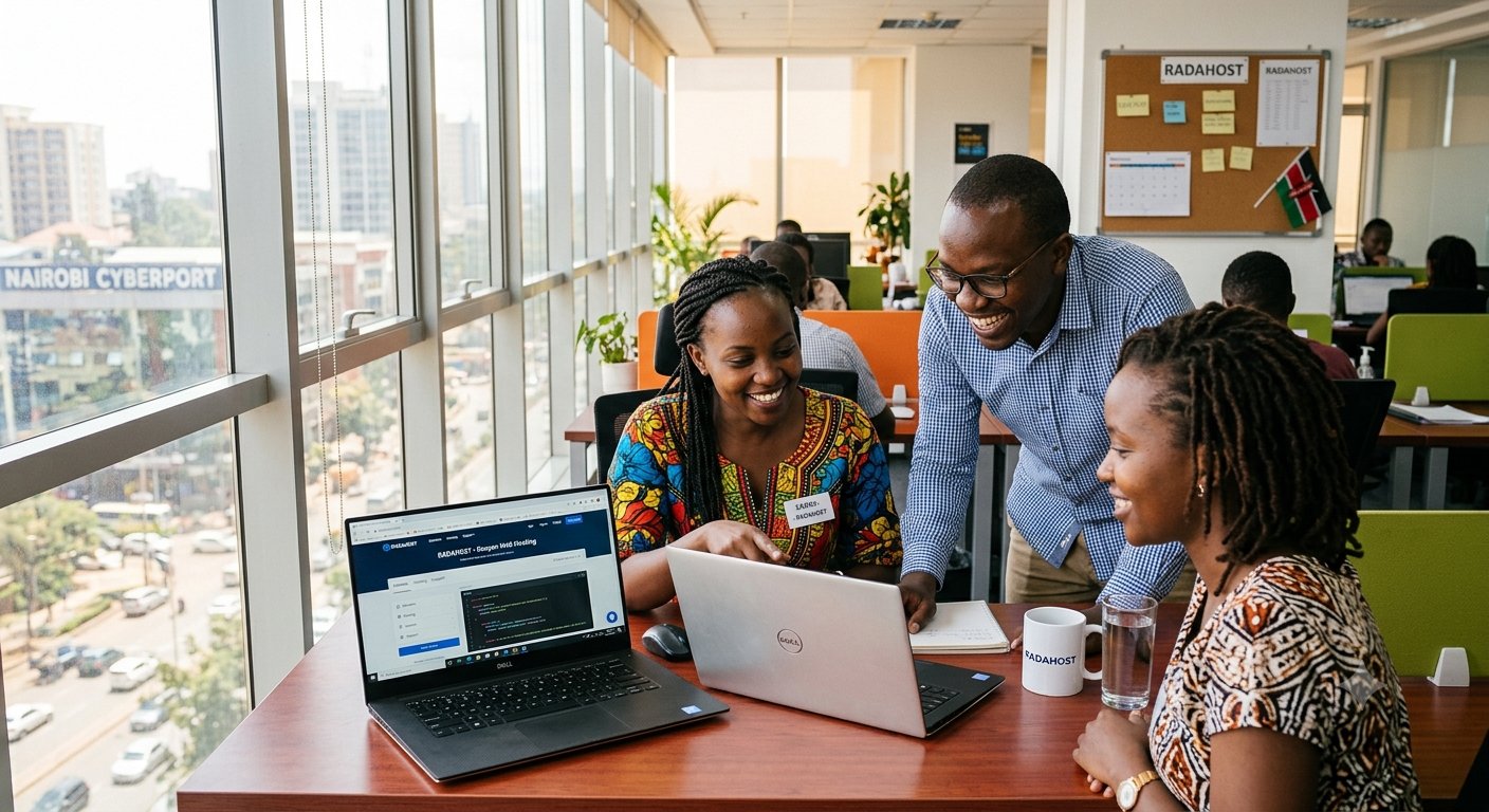 The Radahost team working with a client in their Nairobi office